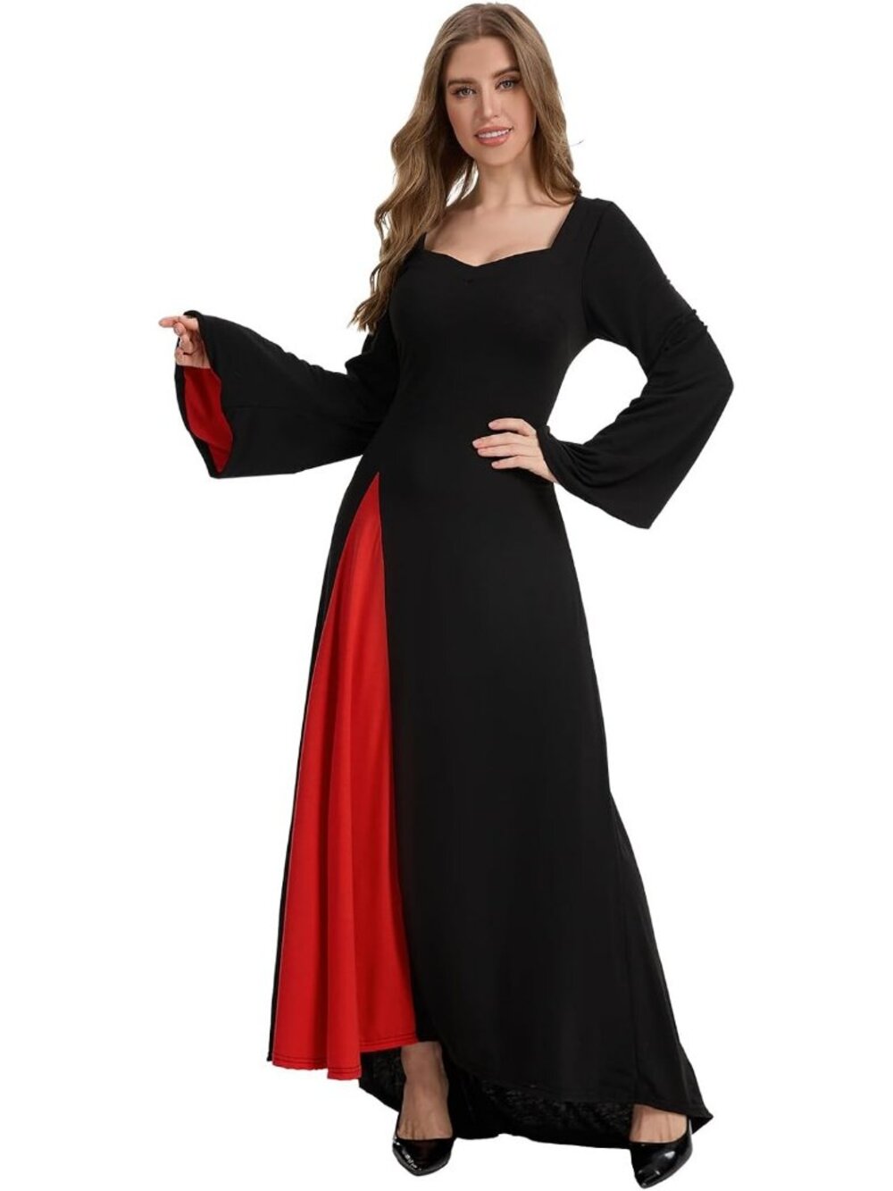 Women's Black Vintage Long Flared Sleeve Halloween Gothic Vampire Maxi Dress